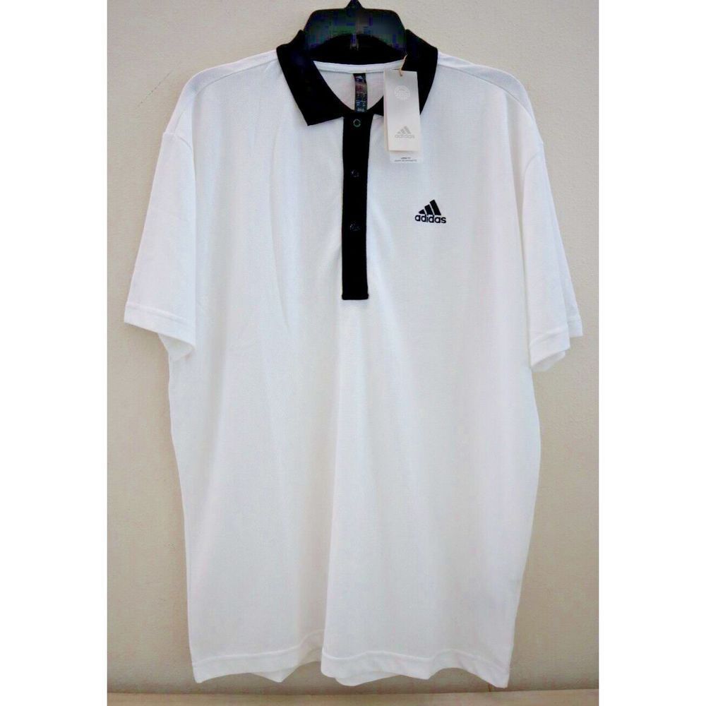 adidas HY5516 Men's Sz S White Logo Print Colorblock Short Sleeve Polo Shirt $55